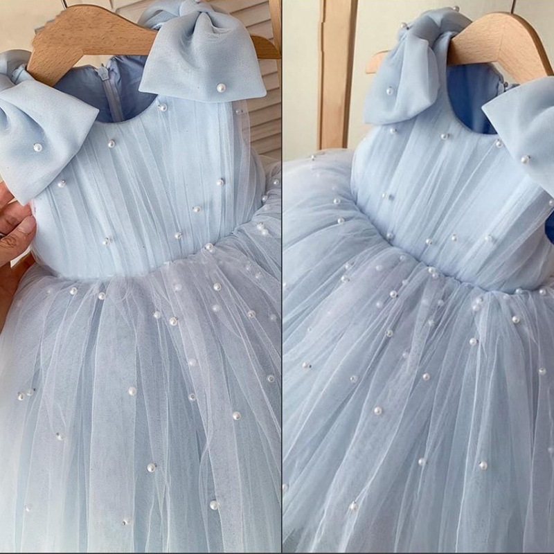 Vestido Princesa Pearl Bow sem mangas azul