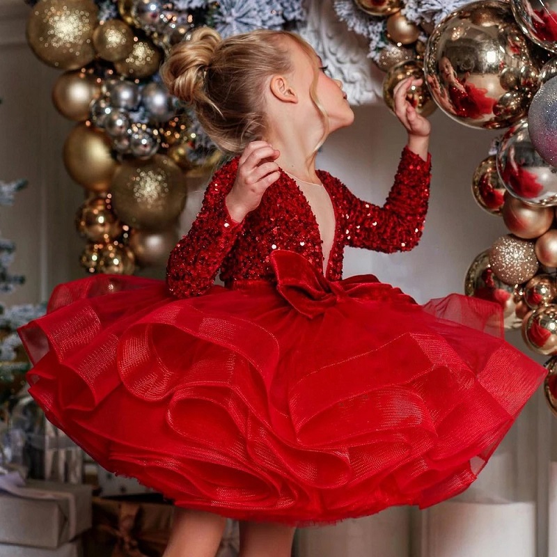 Vestido tutu vermelho com lantejoulas e decote em V profundo (suporta personalização de uma peça)