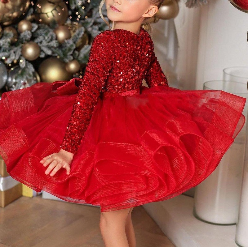 Vestido tutu vermelho com lantejoulas e decote em V profundo (suporta personalização de uma peça)