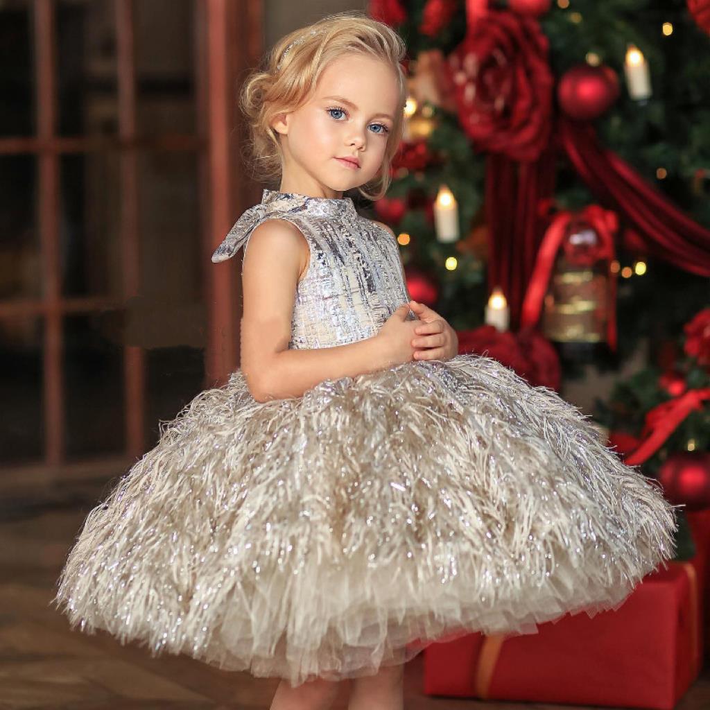 Vestido Princesa Bling Feather Bow (suporta personalização de uma peça)