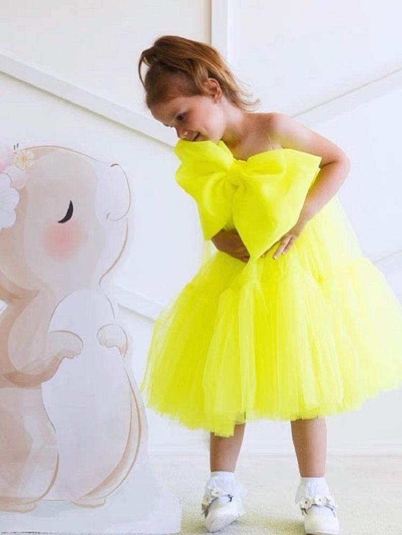 vestido amarelo de menina de tule com laço grande