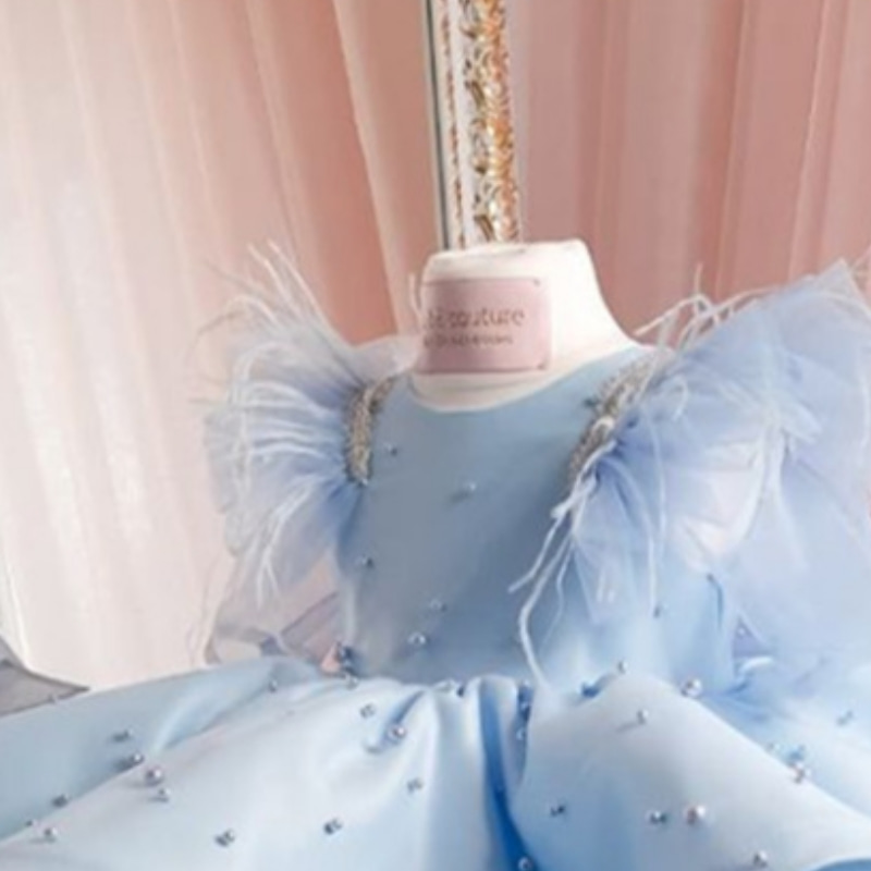 Vestido de menina azul com tutu de cristal pérola e manga pena