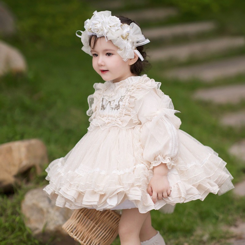 Vestido de fantasia de laço de renda branco luxuoso Lolita Tutu