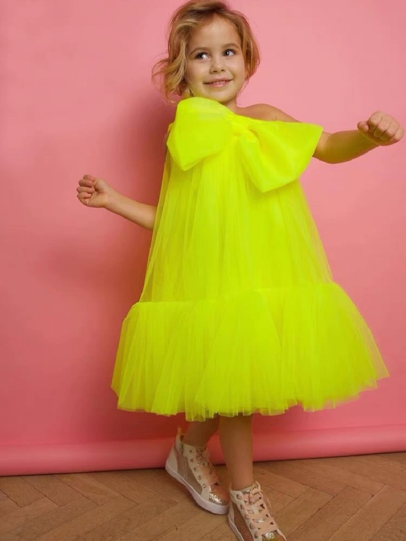 vestido amarelo de menina de tule com laço grande