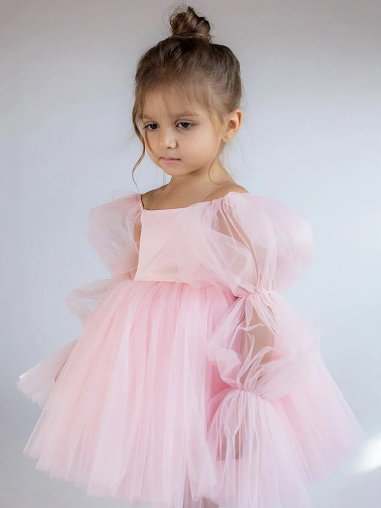 Vestido de menina tutu com manga bufante e ombro de fora